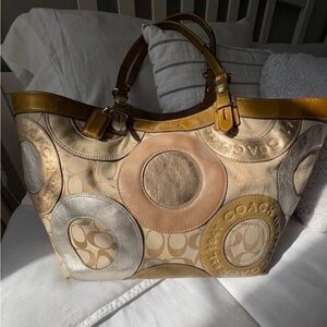 Coach Leather & Canvas Circle Patch Tote in Tan, Gold & Cream